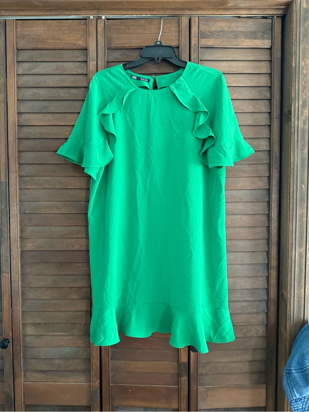 Zara Emerald Green Ruffle-Sleeve Mini Dress